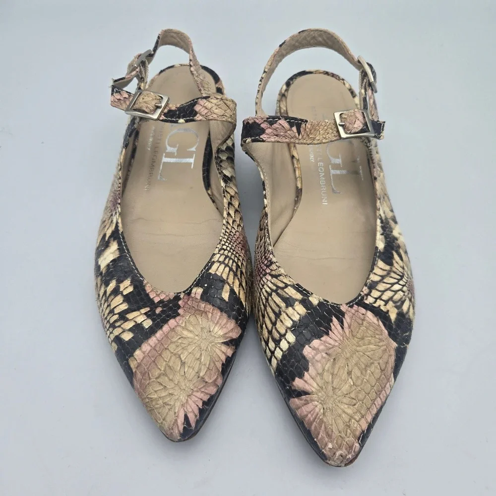 AGL Slingback Flats Womens 37 Beige Pink Faux Snakeskin Pointed Toe Giusty Italy